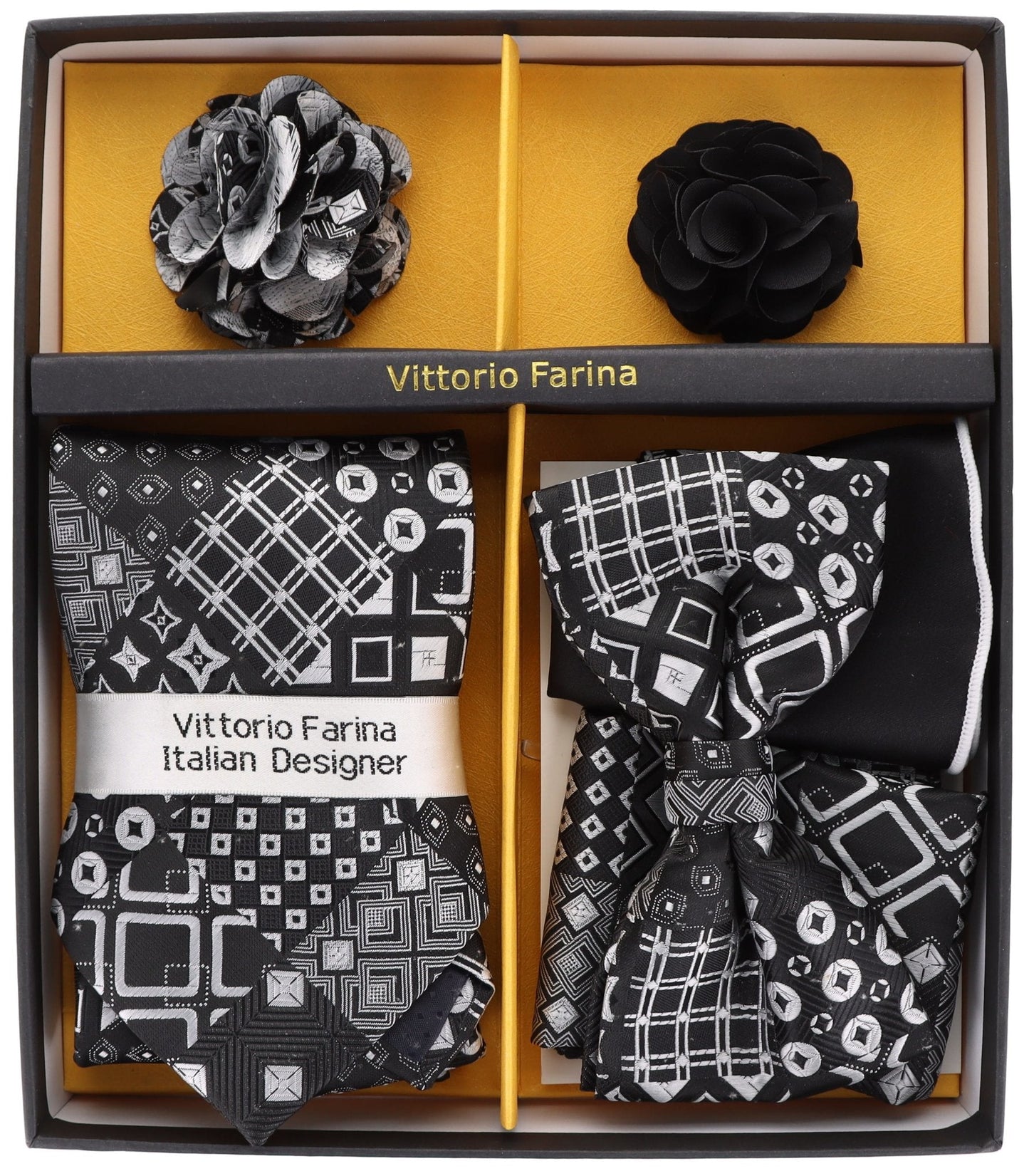 Vittorio Farina Men's Design Necktie, Bow Tie, Pocket Squares and Flower Lapel Pin in a Gift Box