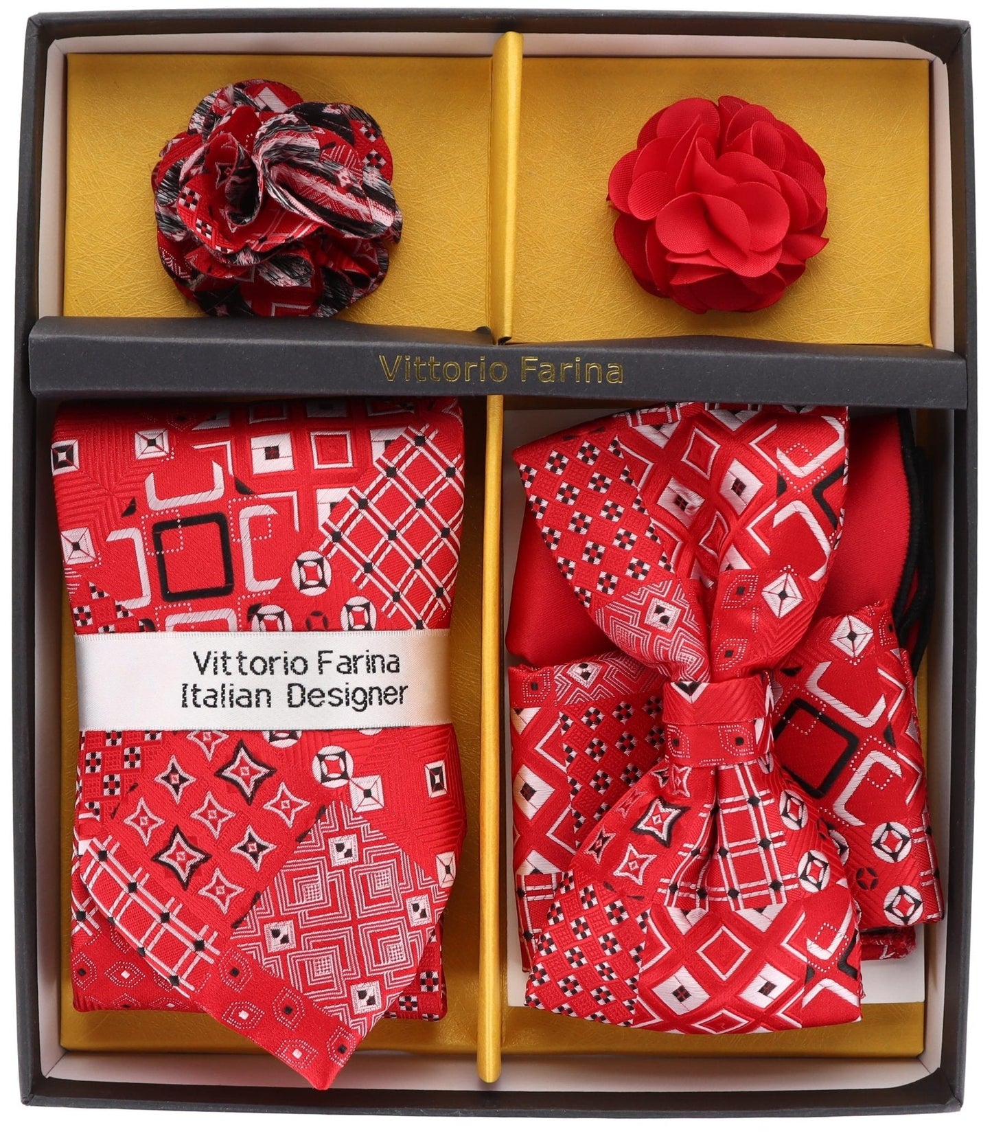 Vittorio Farina Men's Design Necktie, Bow Tie, Pocket Squares and Flower Lapel Pin in a Gift Box
