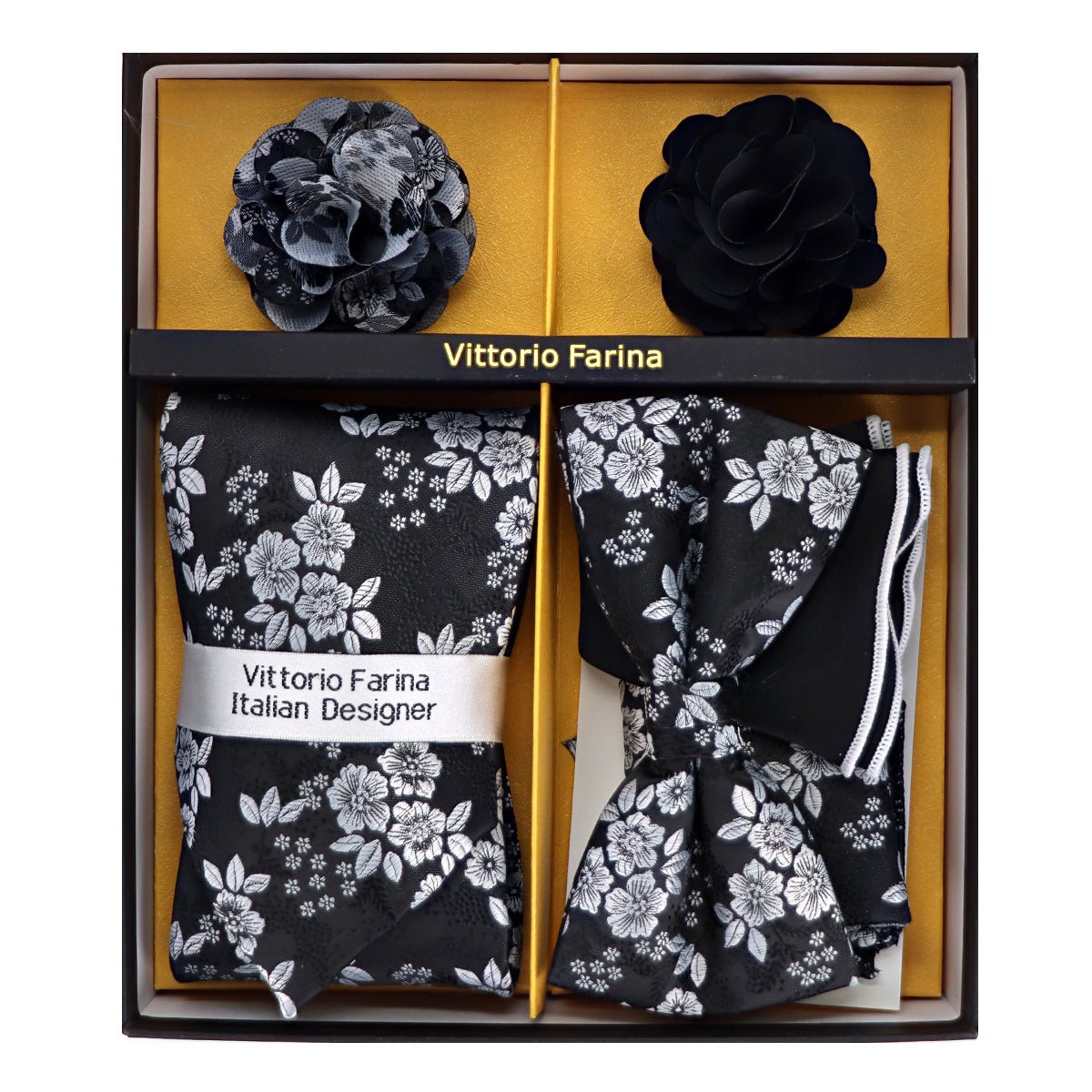 Vittorio Farina Men's Design Necktie, Bow Tie, Pocket Squares and Flower Lapel Pin in a Gift Box