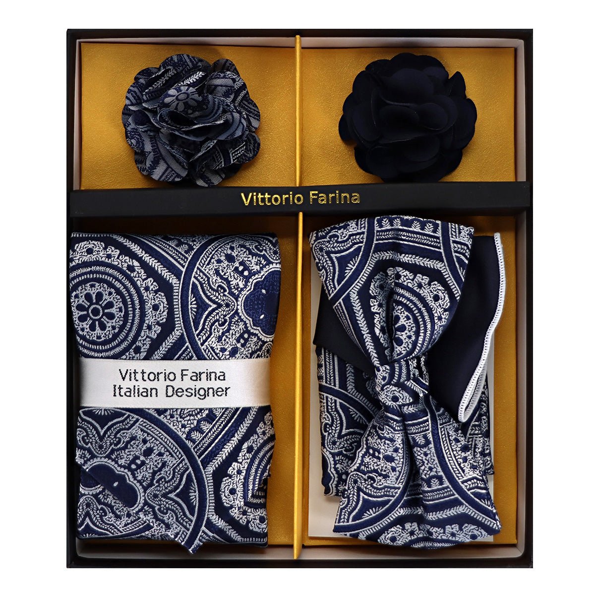 Vittorio Farina Men's Design Necktie, Bow Tie, Pocket Squares and Flower Lapel Pin in a Gift Box