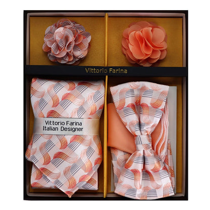 Vittorio Farina Men's Design Necktie, Bow Tie, Pocket Squares and Flower Lapel Pin in a Gift Box