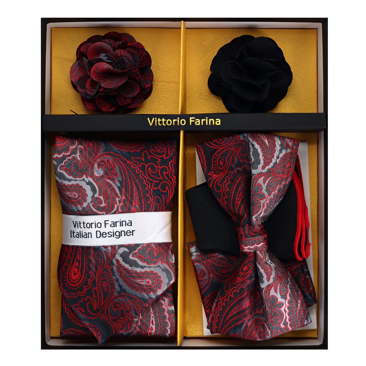 Vittorio Farina Men's Design Necktie, Bow Tie, Pocket Squares and Flower Lapel Pin in a Gift Box