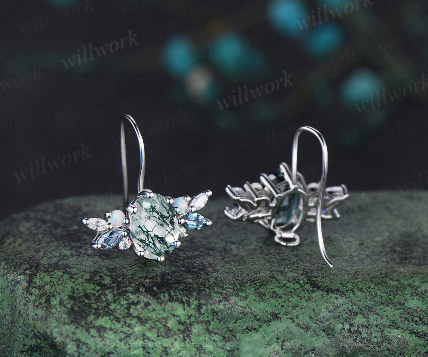 Oval cut moss agate Stud Earrings white gold cluster alexandrite opal moissanite Earrings women anniversary gifts