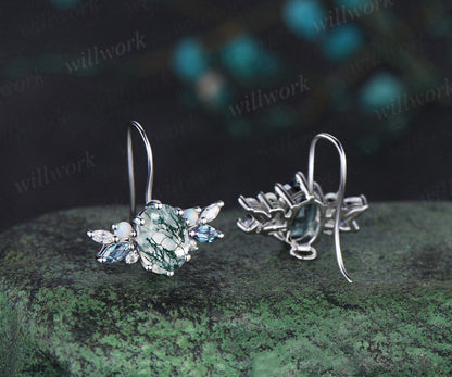 Oval cut moss agate Stud Earrings white gold cluster alexandrite opal moissanite Earrings women anniversary gifts