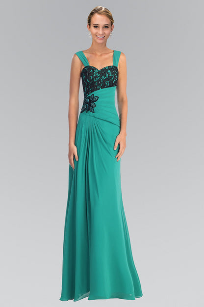 Chiffon Long Dress with Lace Detailing on Pleated Bodice and Lace Detailing