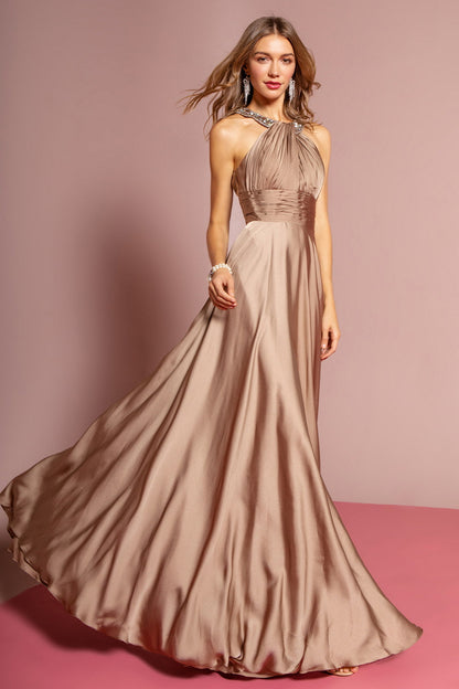 harmeuse Long Dress with Beaded Halter Neckline
