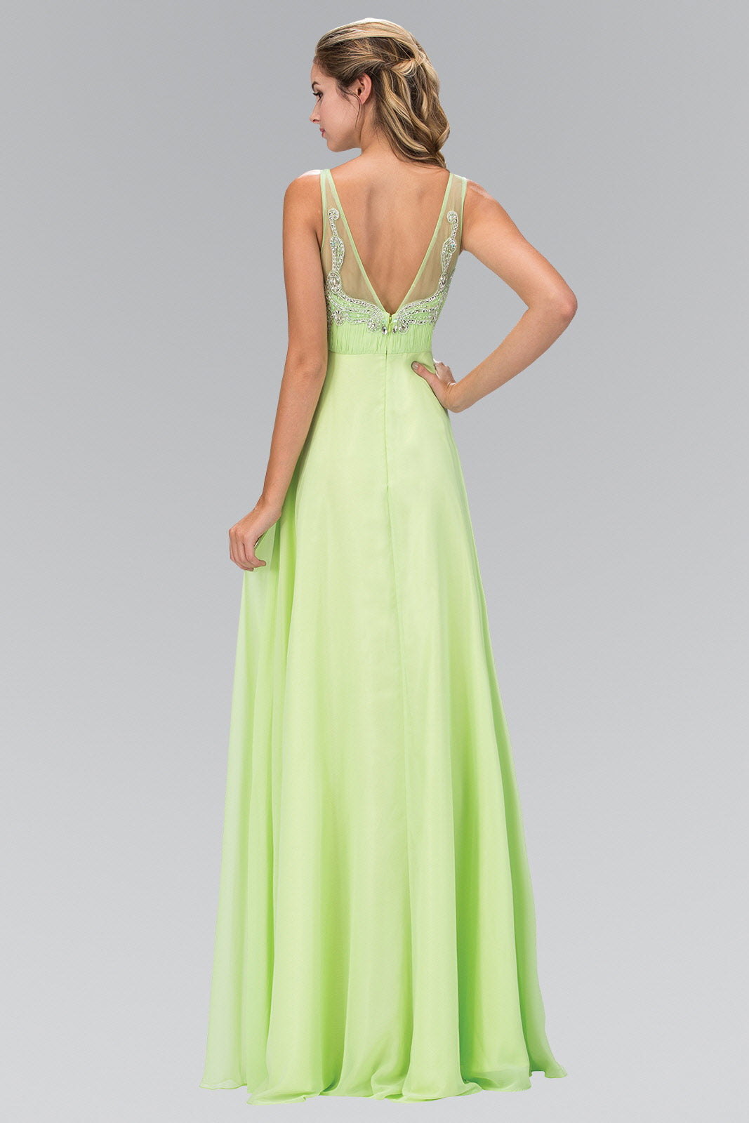 V-Neck Chiffon Long Dress with Beaded Sheer Straps