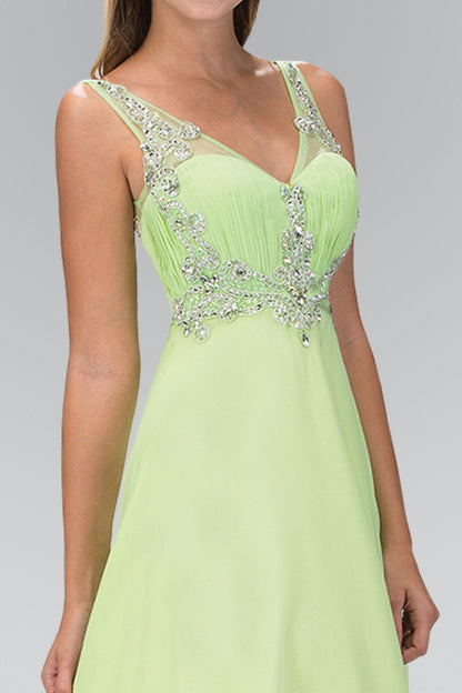 V-Neck Chiffon Long Dress with Beaded Sheer Straps