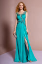 Pleated Long Dress with Side Slit and Jewel Detailing