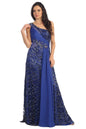 One Shoulder Lace Long Dress with Beaded Waist and Chiffon Overlay