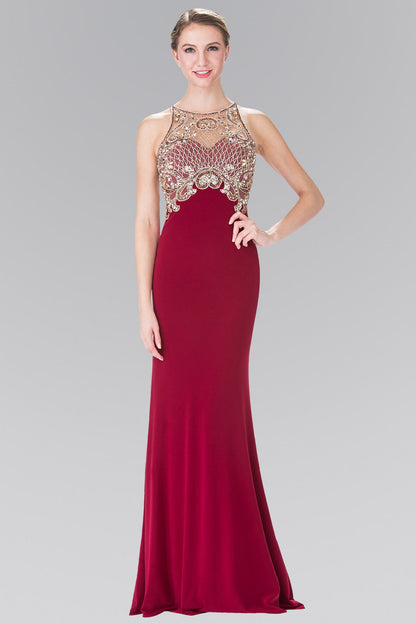 Floor Length Dress with Jewel Embellished Sheer Bodice and Back