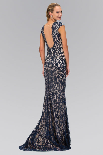 Lace Floor Length Dress with Beaded V-Neck and Sheer Back