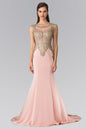 Jewel Embellished Embroidery Jersey Long Dress with Sheer Back