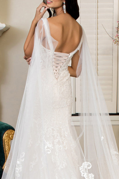 Embroidered V-Neck Mermaid Wedding Gown w/ Detachable Cape - Mask Not Included