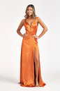 Satin V-Neck Sheer Side A-Line Long Dress