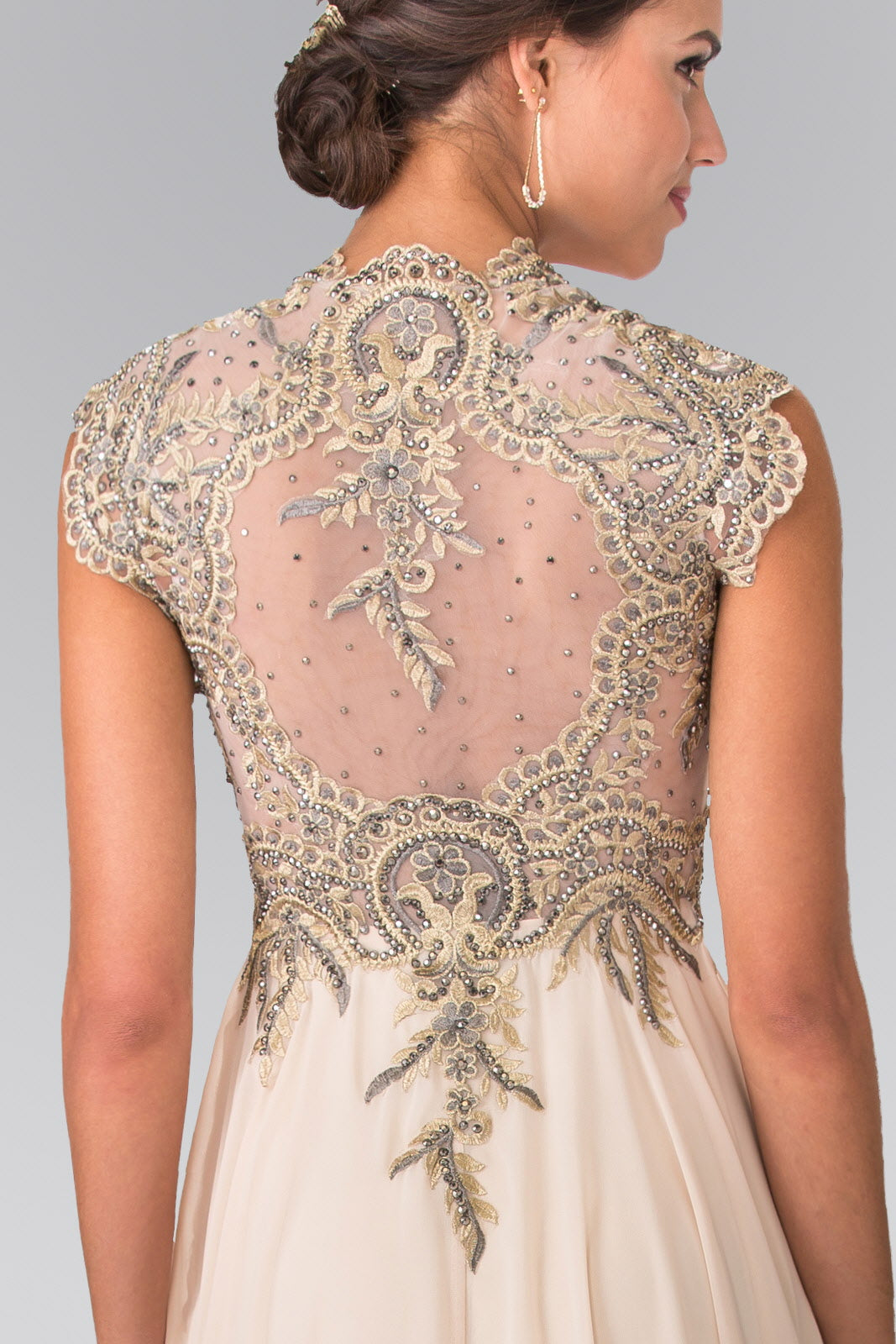 Full Embroidered Top Chiffon Long Dress with Sheer Back