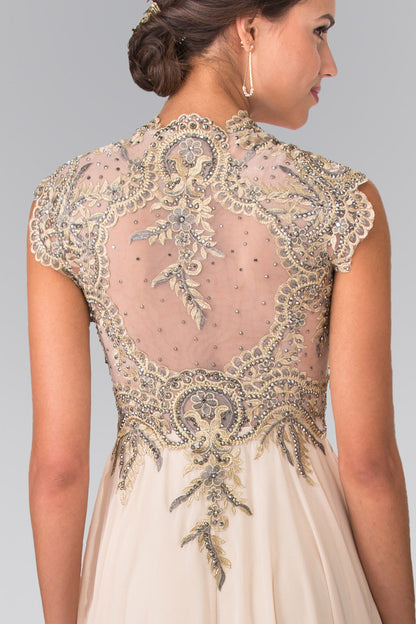 Full Embroidered Top Chiffon Long Dress with Sheer Back