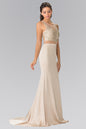 Mock Two-Piece Embroidered Prom Dress with Illusion Waistline