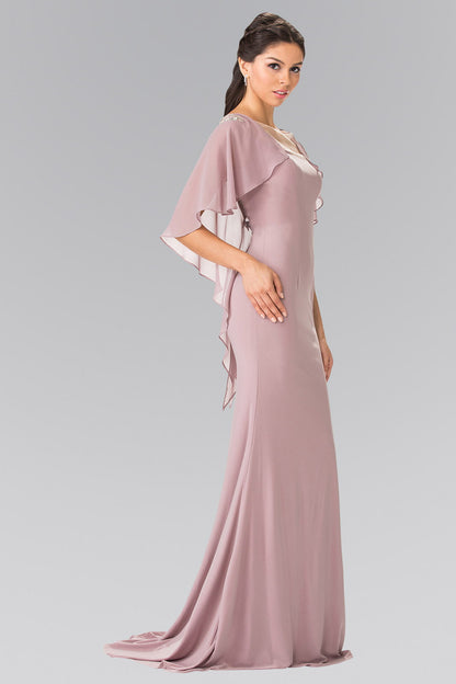 Sleeveless Jersey Long Dress with Attached Cape that Drapes Down the Back