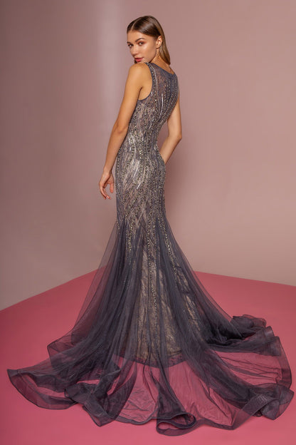Jewel Embellished Lace Long Dress W/ Tail