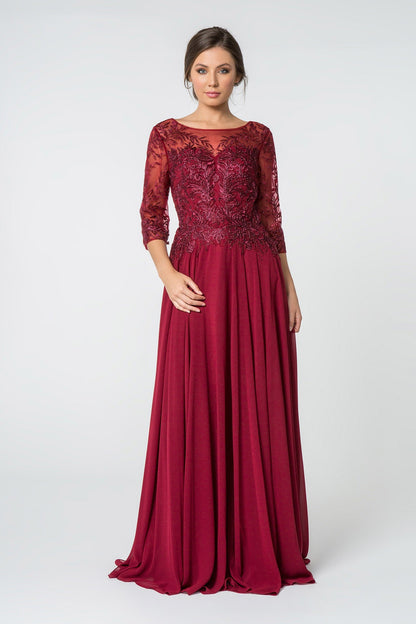Embroidered Bodice 3/4 Mesh Sleeve Chiffon