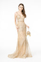 Floral Embroidery Glitter Mesh Mermaid Long Dress w/ Jeweled Waist Band