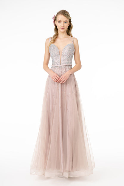Jewel Embellished Bodice Mesh A-Line Dress w/ Strap Back