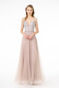 Jewel Embellished Bodice Mesh A-Line Dress w/ Strap Back