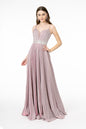 Illusion Deep V-Neck A-Line Pleated Long Dress with Metallic Glitter Finish