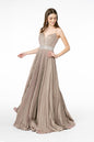 Illusion Deep V-Neck A-Line Pleated Long Dress with Metallic Glitter Finish