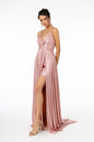 Pleated Bodice Metallic Lame Long Dress w/ Leg Slit