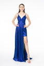 Pleated Bodice Metallic Lame Long Dress w/ Leg Slit