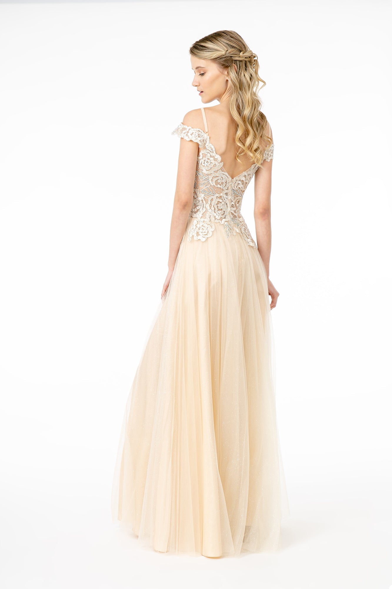 Sheer Bodice Mesh A-Line Long Dress