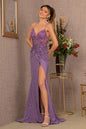 Sheer Bodice Sleeveless V-Neck Sequin Prom Dress w/ Leg Slit