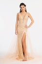 Rhinestone Embellished Mesh Mermaid Dress w/ 3-D Flower and Detached Layer