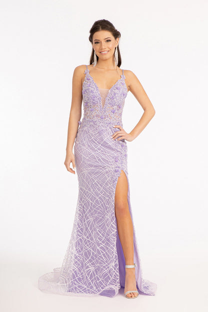 3-D Flower Glitter Embellished Mermaid Dress w/ Sheer Sides