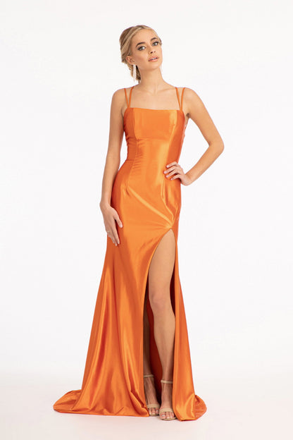 Straight Across Satin Mermaid Dress w/ Lace-up Back and Slit