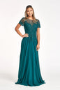 Embroidered Chiffon A-line Dress w/ Short Sleeves and Waistband