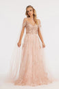 Illusion V-Neck Embroidered Mesh A-line Dress w/ Open V-Back