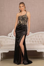 Strapless Sheer Bodice Glitter Satin Mermaid Dress w/ Ruched Back