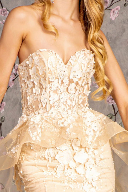 Jewel Strapless Mesh Mermaid Long Dress w/ Waist Drape