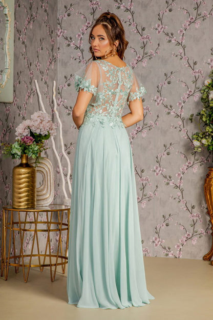 3-D Flower Embroidery Chiffon A-line Long Dress w/ Sheer Short Sleeves
