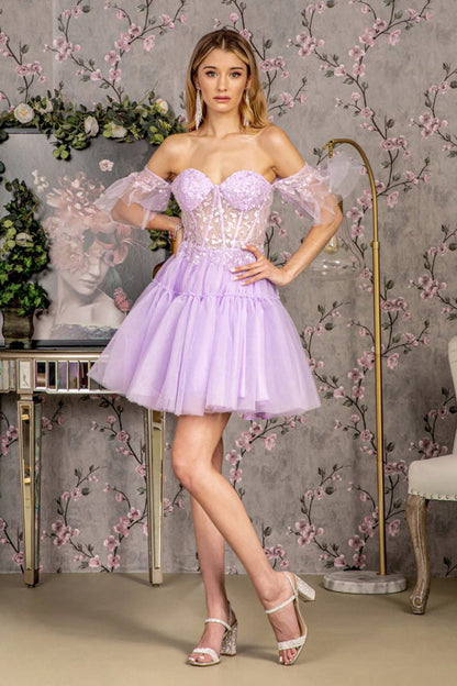 3-D Heart Applique Bead Layered Skirt Mesh A-line Long Dress