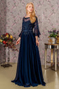 Floral Embroidery Bead Chiffon A-line Long Dress w/ Waist Band
