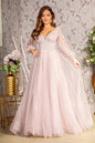 Bead Sequin Mesh A-line Long Dress w/ Sheer Puff Sleeves