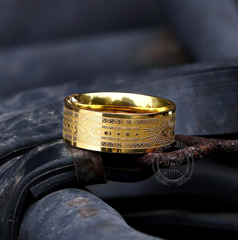 Gold Plated AG Masonic Stainless Steel Band Ring