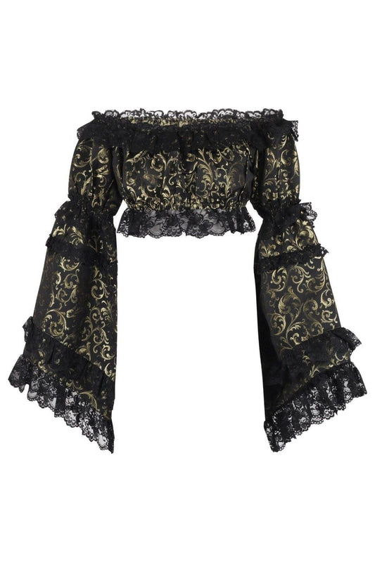 Gold/Black Brocade Smocked Flare Sleeve Peasant Top