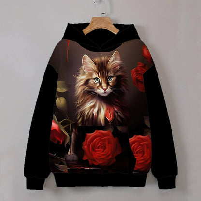 Gothic Cat Rose Print Polyester Hoodie