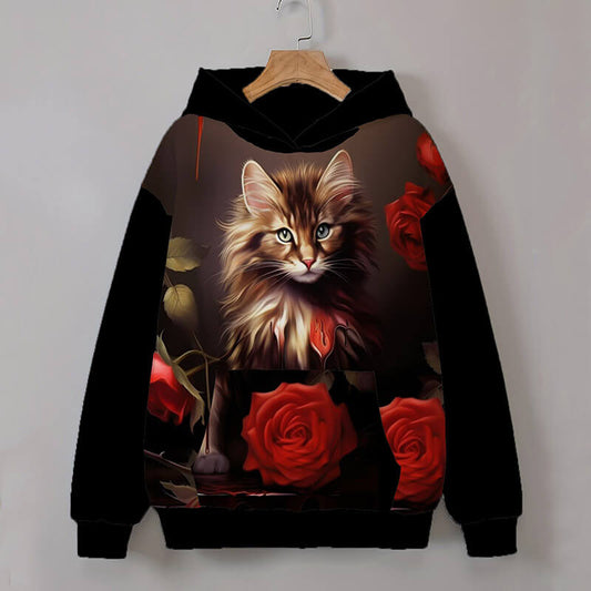 Gothic Cat Rose Print Polyester Hoodie