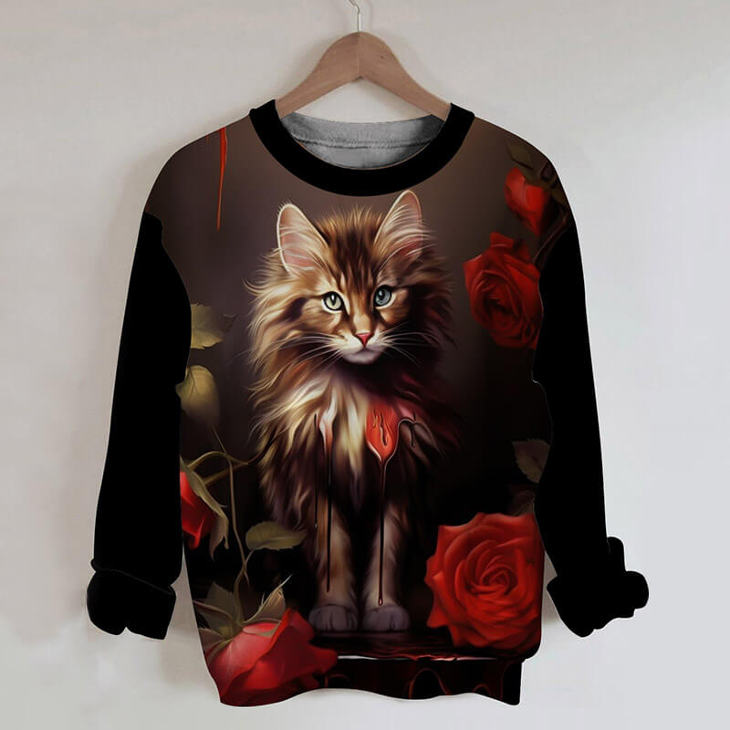 Gothic Cat Rose Print Round Neck Sweatshirt